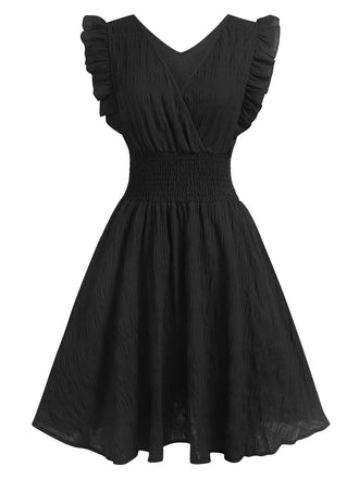 1950s V-Neck Smocked Waist Ruffles Sleeveless Dress — a 1950s silhouette that turns sidewalks into runways