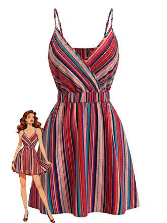 1950s V-Neck Spaghetti Strap Striped Dress 3