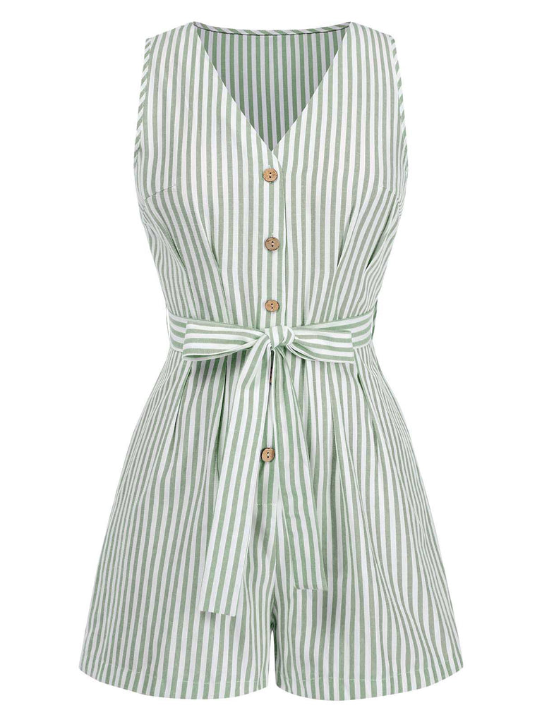 1950s V-Neck Stripes Sleeveless Belted Romper — 1950s elegance in the palm of her hand