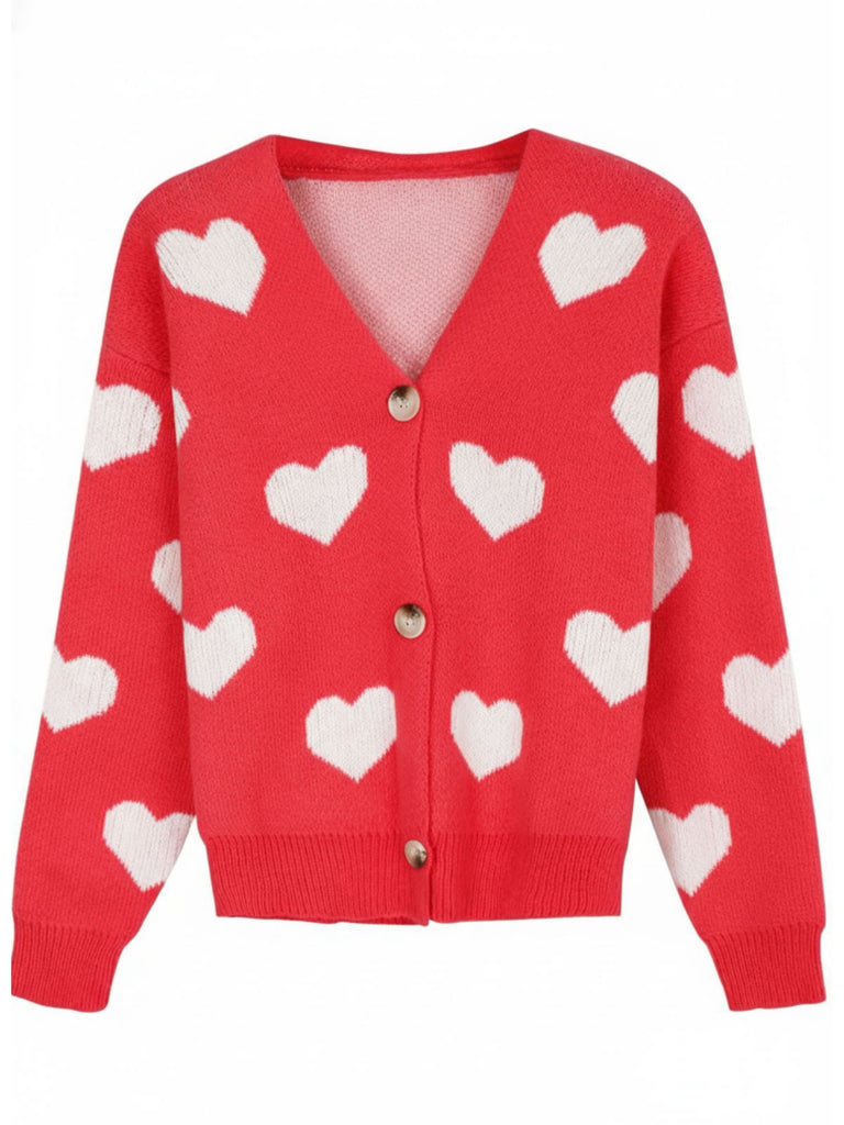 1950s Valentine's Day Heart Print Knit Cardigan - vintage fashion, retro style