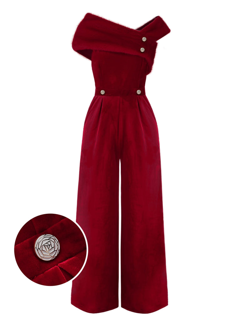 1950s Velvet Off Shoulder Button Jumpsuit: timeless 1950s elegance she makes her own