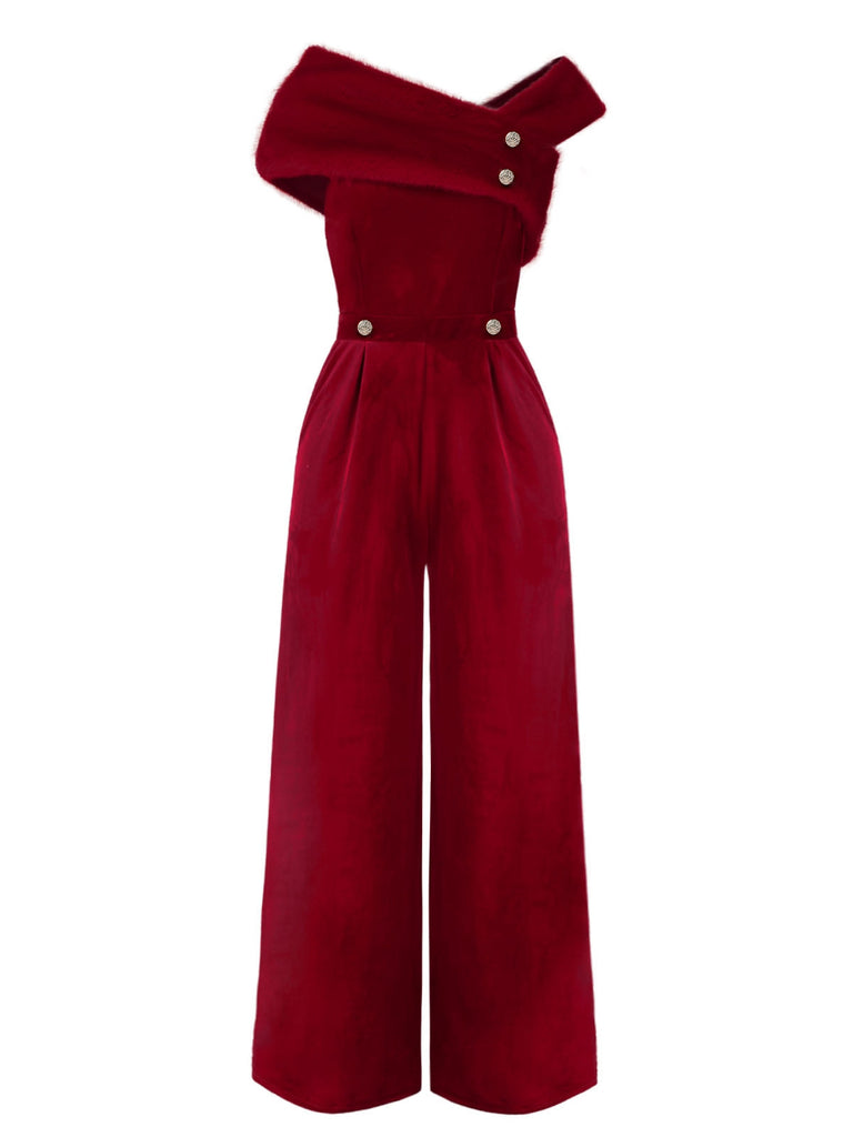 This 1950s Velvet Off Shoulder Button Jumpsuit whispers 1950s secrets to those who notice