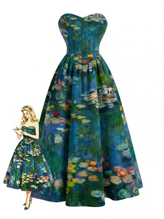 [Pre-Sale] Blue 1950s Water Lily Sweetheart Strapless Dress, vintage dress, retro fashion, rockabilly, pin-up fashion - perfect for women who love vintage and retro fashion