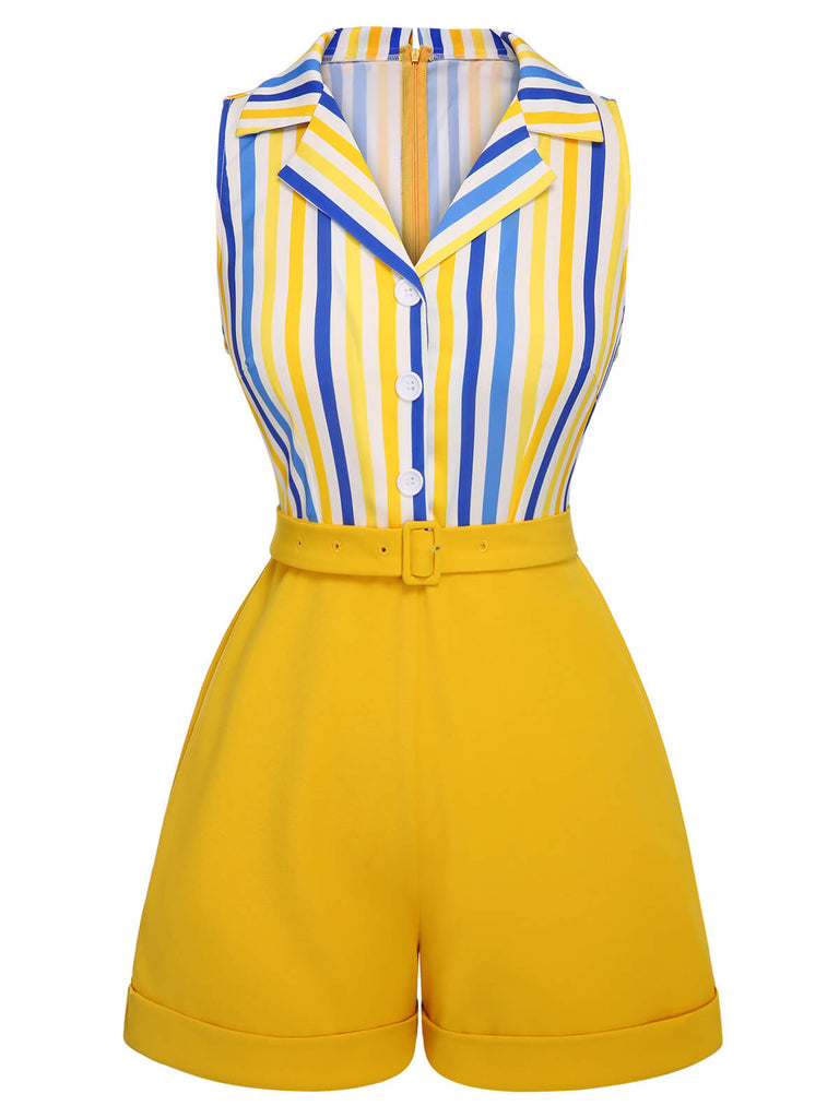 1950s Yellow White Blue Striped Lapel Romper, vintage romper, retro jumpsuit - perfect for women who love vintage and retro fashion