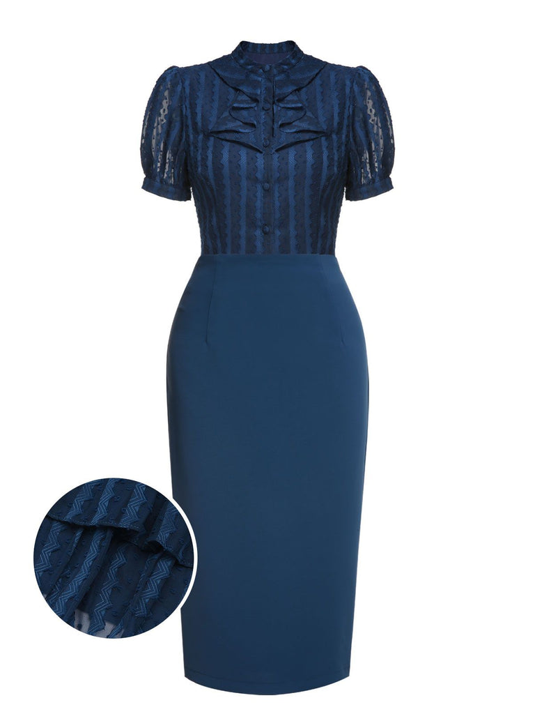 2PCS Navy Blue 1960s Stand Collar Shirt & Solid Wrap Skirts - vintage skirt, retro style