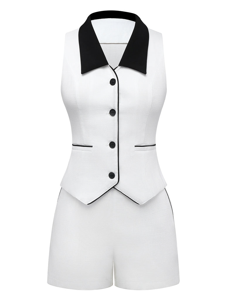 2PCS White 1960s Lapel Collar Button Sleeveless Suit - vintage fashion, retro style, pure white