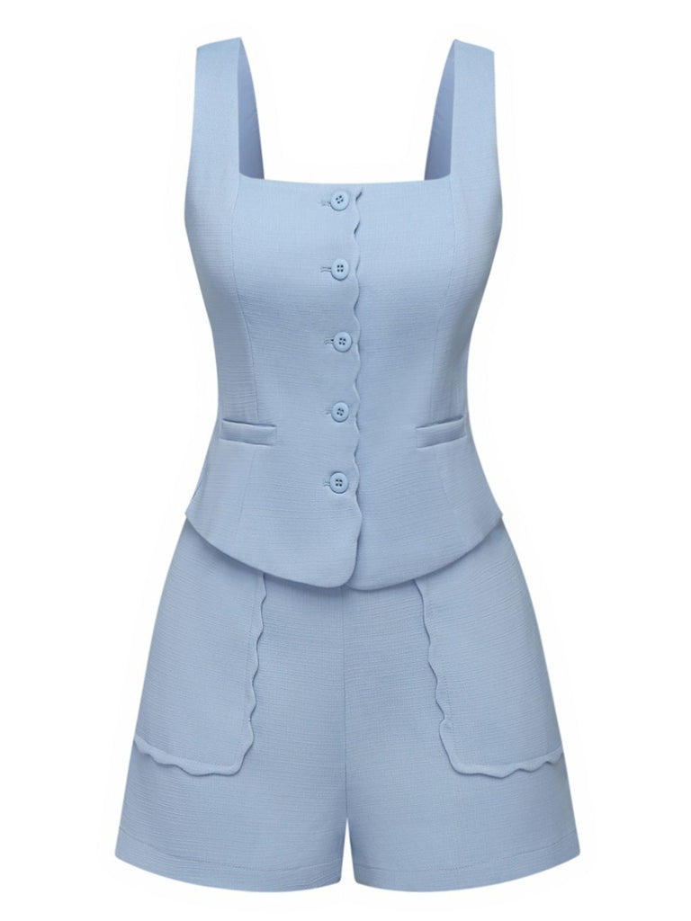 2PCS 1960s Wide Strap Button Square Neck Top & Shorts - vintage fashion, retro style