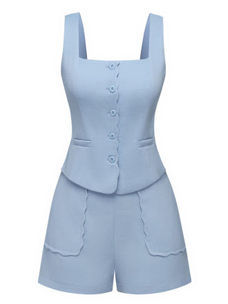 2PCS 1960s Wide Strap Button Square Neck Top & Shorts - vintage fashion, retro style