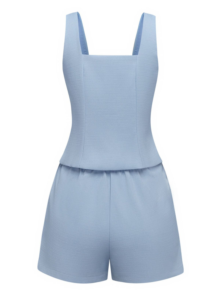 2PCS 1960s Wide Strap Button Square Neck Top & Shorts - vintage fashion, retro style
