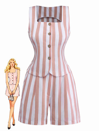 2pcs Khaki 1960s Striped Square Neck Sleeveless Vest & Shorts - vintage fashion, retro style