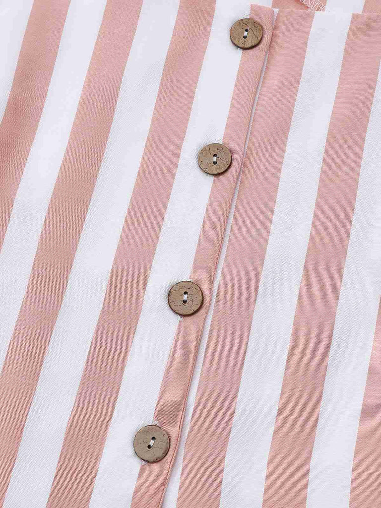 2pcs Khaki 1960s Striped Square Neck Sleeveless Vest & Shorts - vintage fashion, retro style