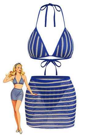 3PCS Blue 1960s Halter Striped Bikini Set & Cover Up - vintage fashion, retro style