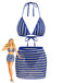3PCS Blue 1960s Halter Striped Bikini Set & Cover Up - vintage fashion, retro style