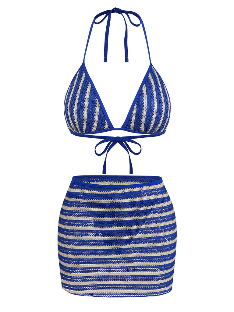 3PCS Blue 1960s Halter Striped Bikini Set & Cover Up - vintage fashion, retro style