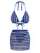 3PCS Blue 1960s Halter Striped Bikini Set & Cover Up - vintage fashion, retro style