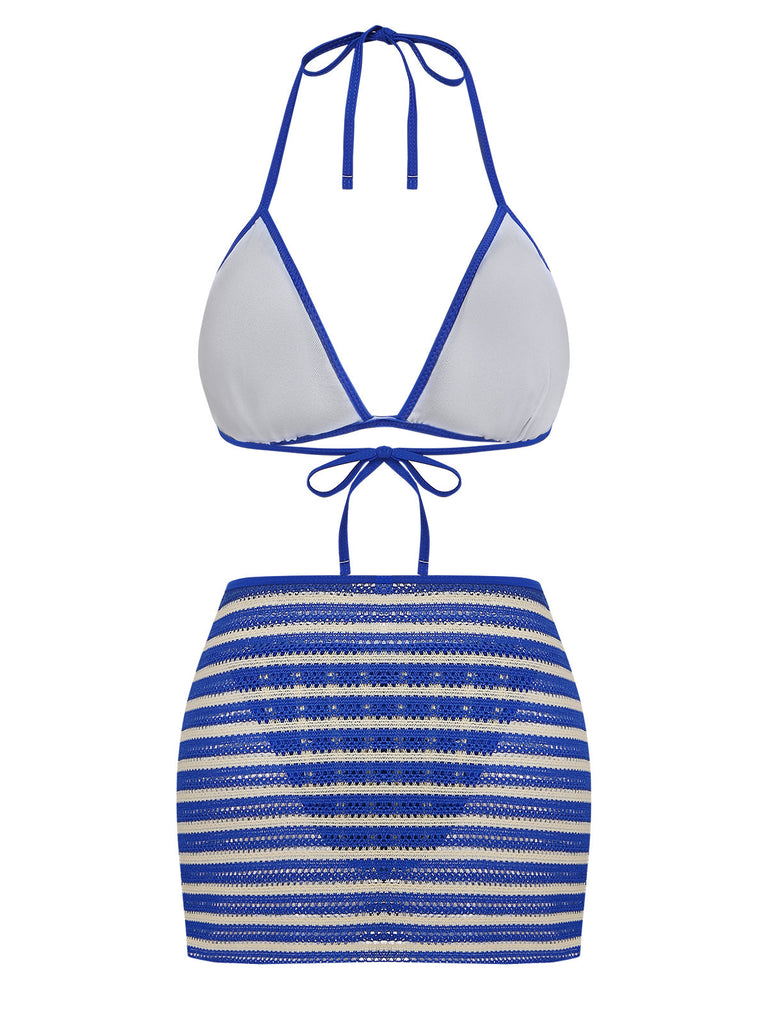 3PCS Blue 1960s Halter Striped Bikini Set & Cover Up - vintage fashion, retro style