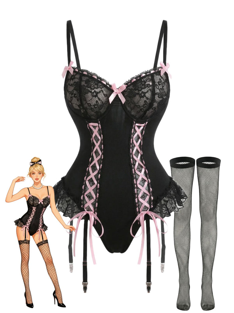Black 1960s Lace Bow Corset Lingerie Set with Fishnet Stockings - vintage fashion, retro style, classic black