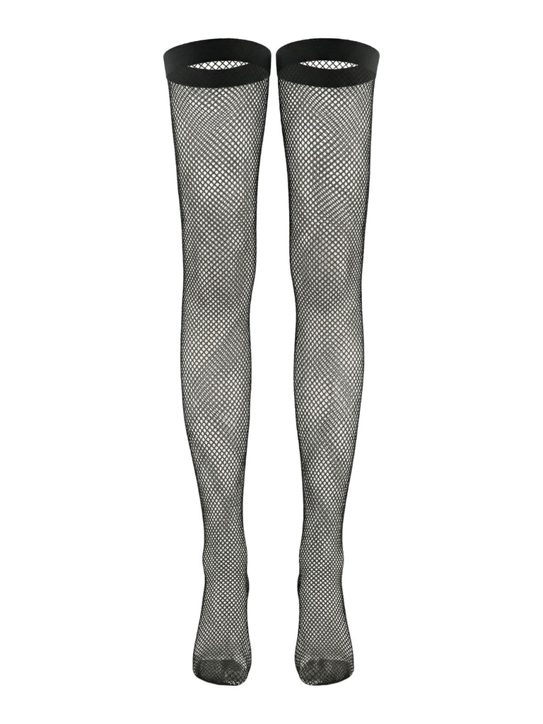 Black 1960s Lace Bow Corset Lingerie Set with Fishnet Stockings - vintage fashion, retro style, classic black