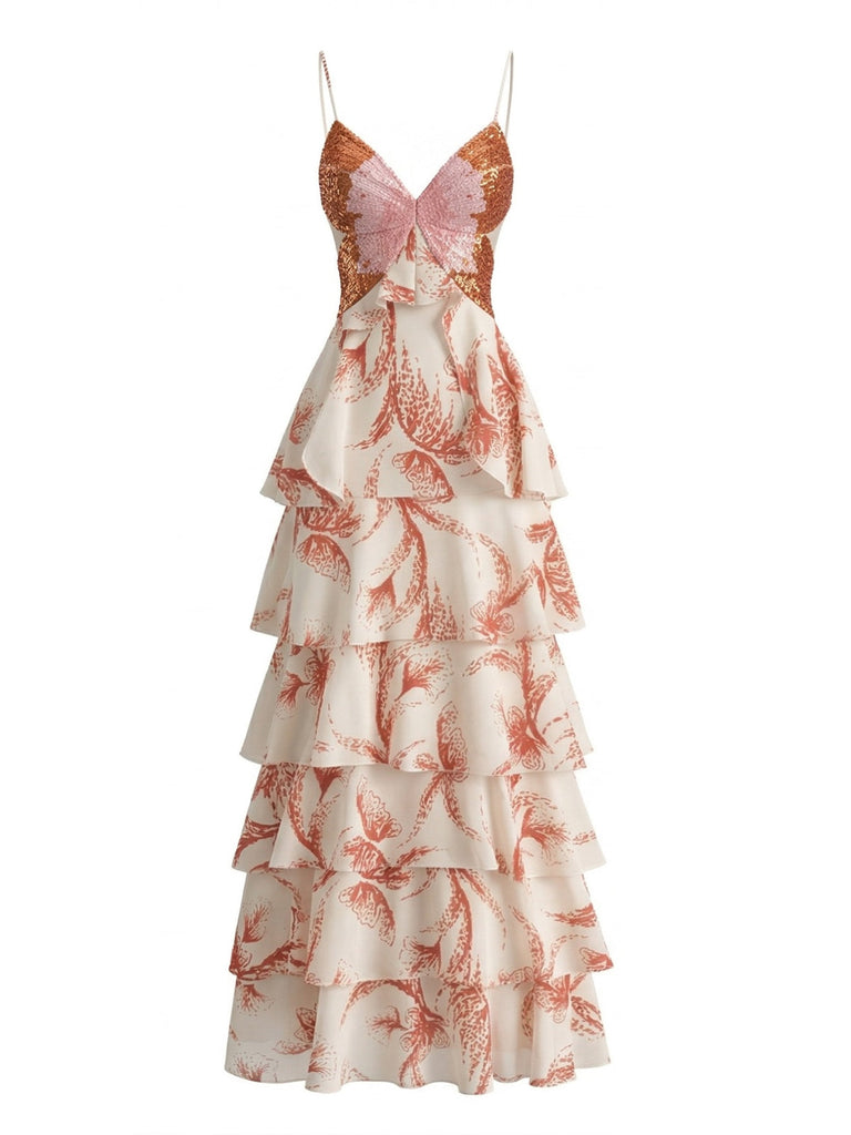 Pink 1930s Butterfly Tiered Ruffle Spaghetti Strap Maxi Dress - vintage dress, retro fashion for vintage lovers