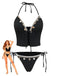 Black 1960s Seashell Detail Tied Halter Tankini Set - vintage fashion, retro style, classic black