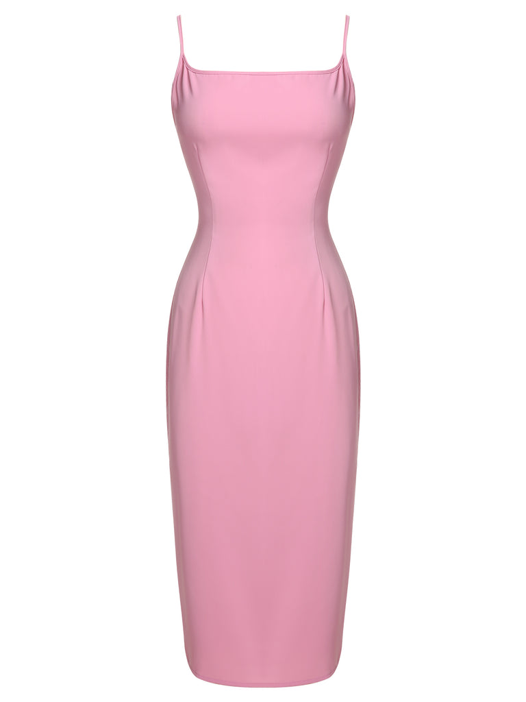 2PCS Pink 1960s Lapel Bowknot Blouse & Solid Spaghetti Strap Dress - vintage dress, retro fashion