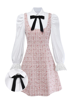 2PCS White & Pink 1960s Puff-Sleeve Bow Blouse & Tweed Pinafore Dress - vintage dress, retro fashion, pure white