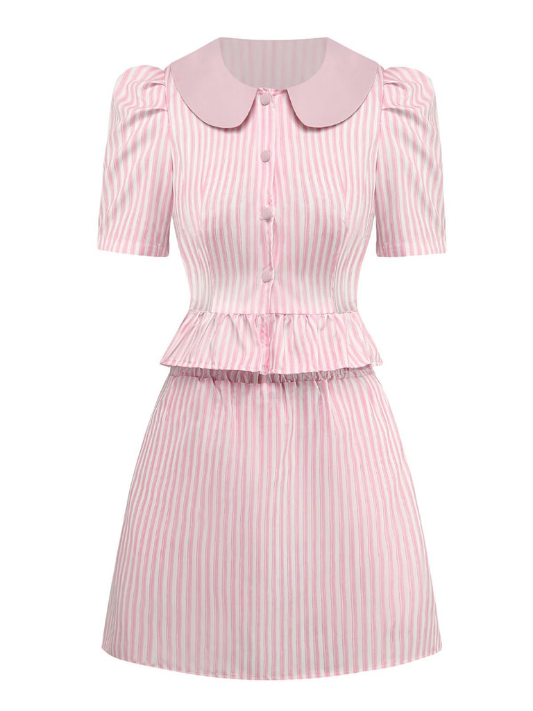 2PCS 1960s Vertical Stripes Peter Pan Collar Blouse & Skirt - vintage skirt, retro style