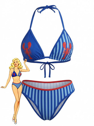 Blue 1960s Lobster Print Striped Triangle Bikini Set - vintage fashion, retro style