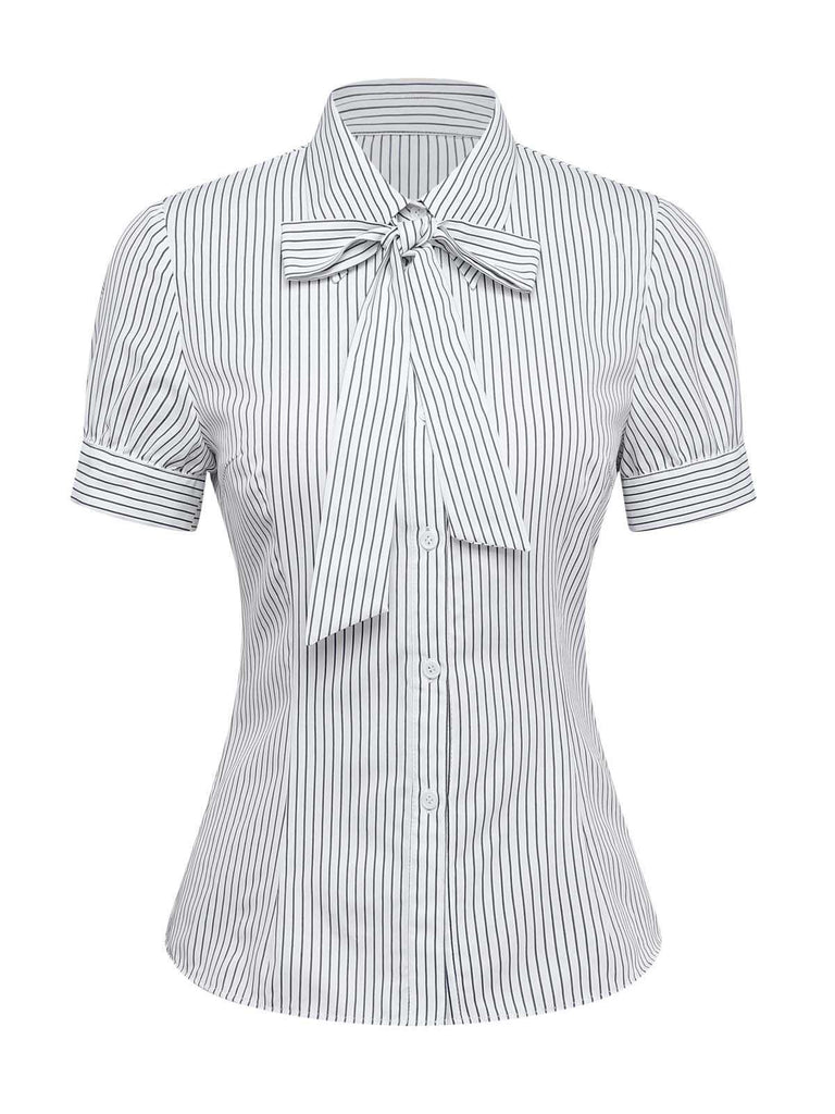 1960s Bow-Neck Puff Sleeve Pinstripe Blouse: beautiful vintage blouse, retro top, classic style with timeless appeal
