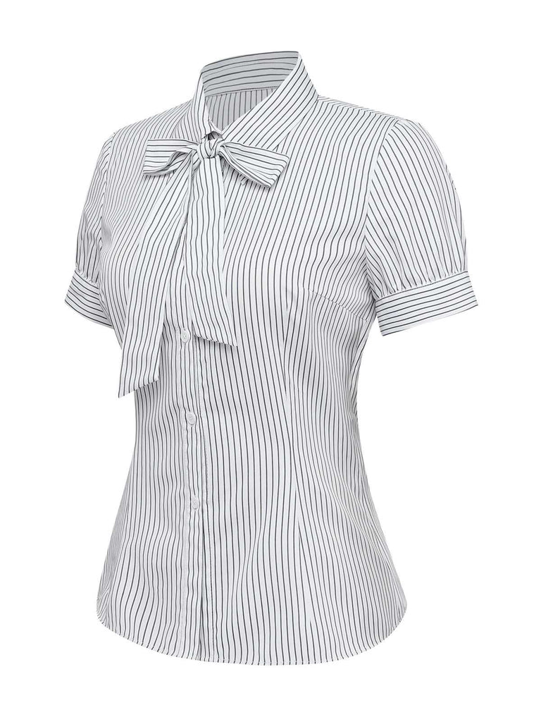 1960s Bow-Neck Puff Sleeve Pinstripe Blouse | vintage blouse, retro top, classic style - perfect for retro fashion enthusiasts