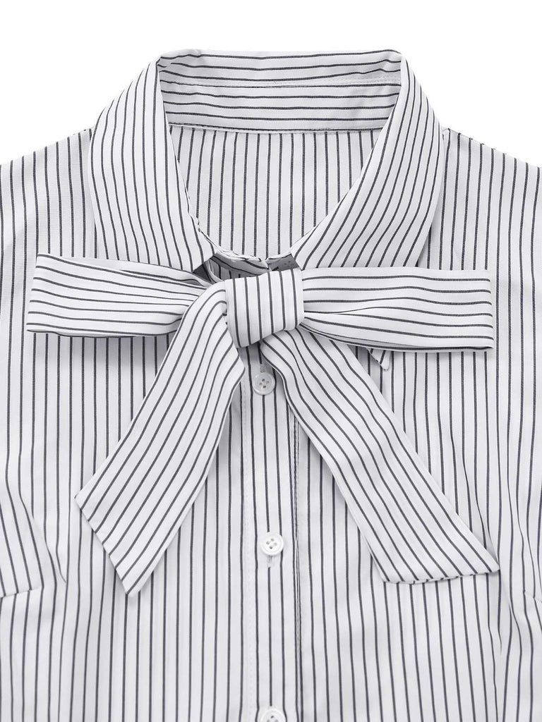1960s Bow-Neck Puff Sleeve Pinstripe Blouse: beautiful vintage blouse, retro top, classic style with timeless appeal