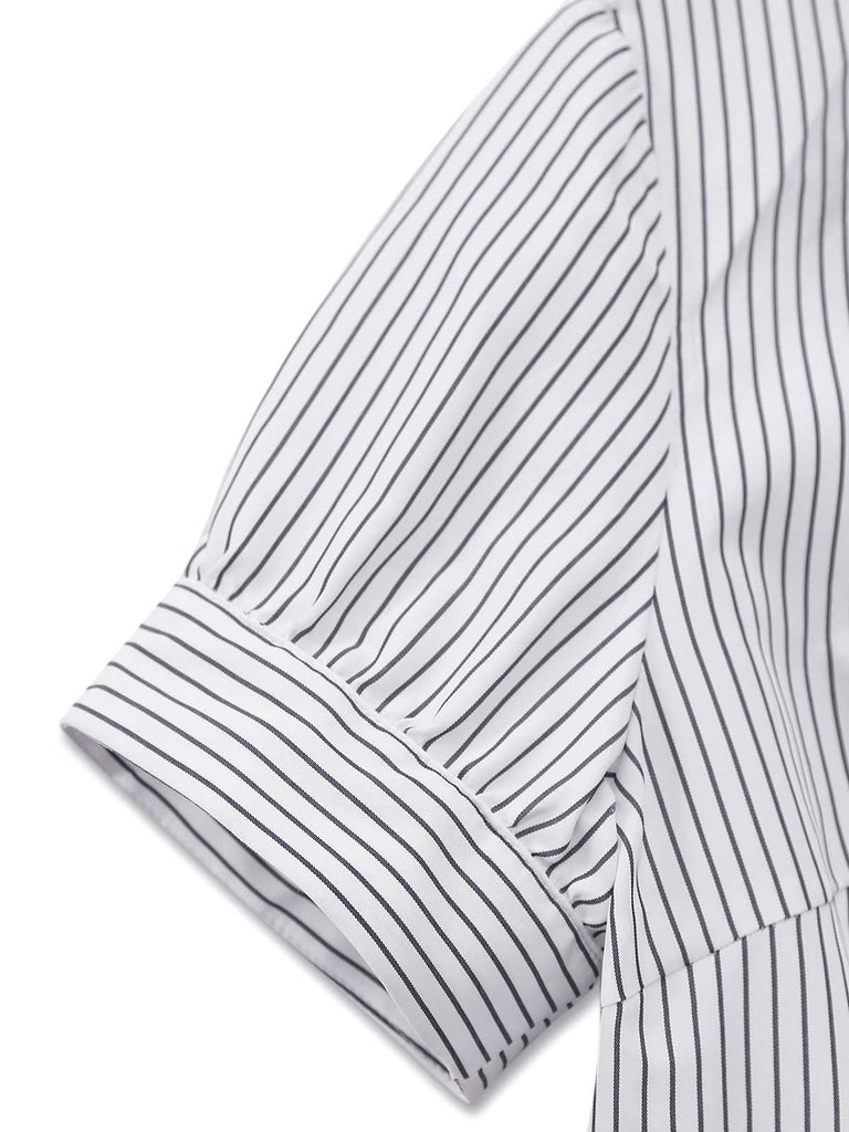 1960s Bow-Neck Puff Sleeve Pinstripe Blouse | vintage blouse, retro top, classic style - perfect for retro fashion enthusiasts