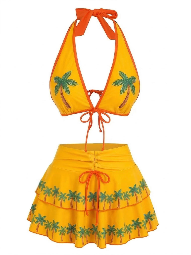 1960s Cherry Print Tie-Front Layered Bikini Set - vintage fashion, retro style, elegant red
