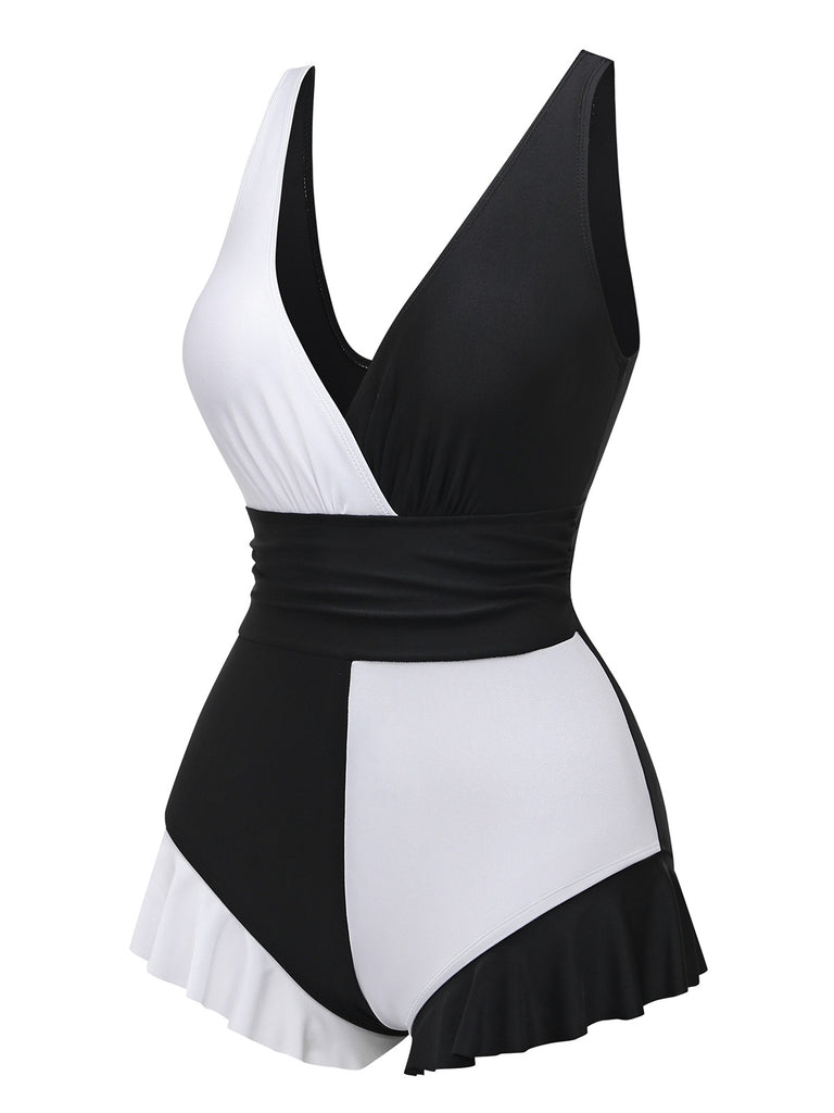 1960s Color Block Ruffle One Piece Swimsuit - vintage swimsuit, pin-up style
