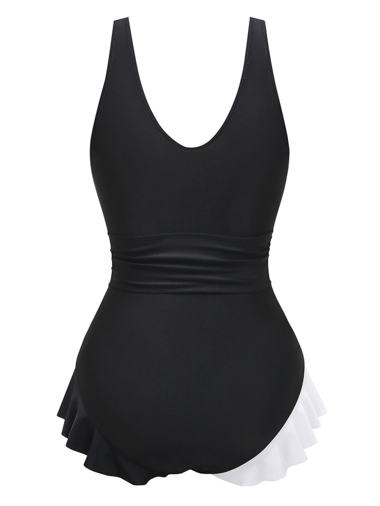 1960s Color Block Ruffle One Piece Swimsuit - vintage swimsuit, pin-up style