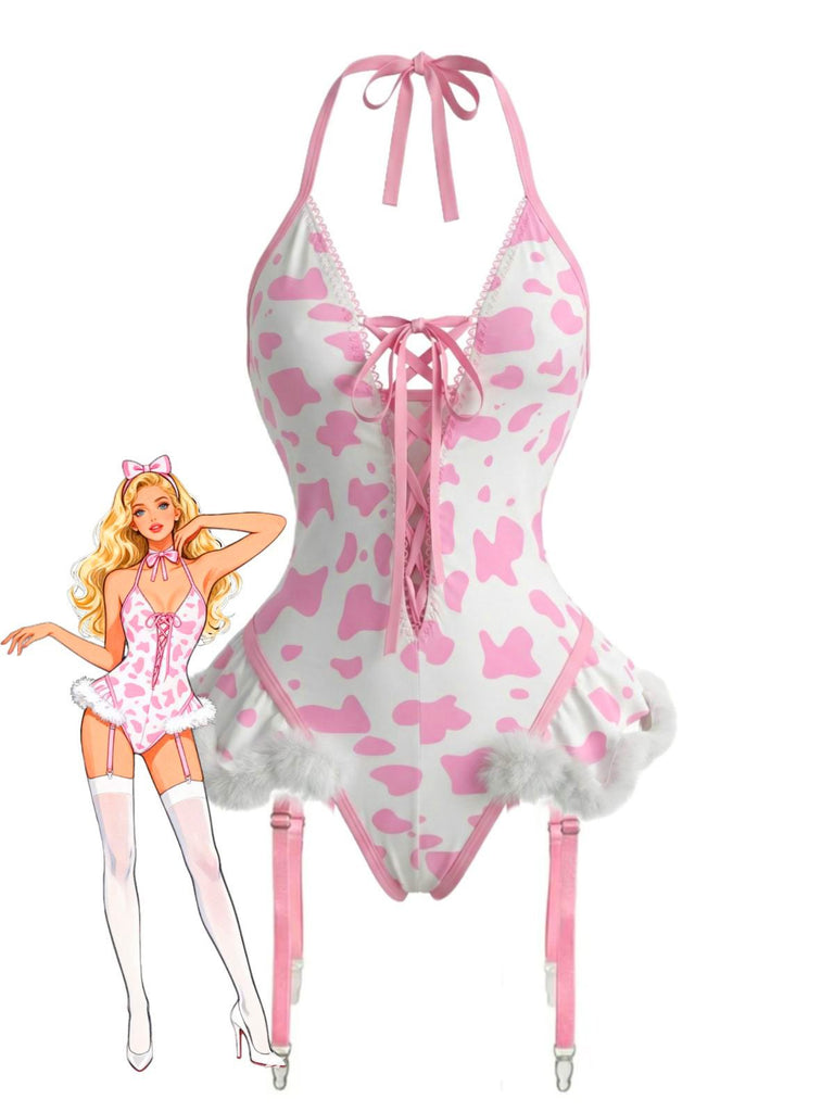 1960s Cow-Spotted Halter Lace-Up Plush Lingerie Set - vintage fashion, retro style