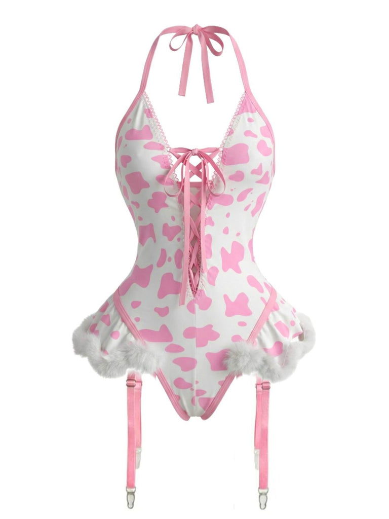 1960s Cow-Spotted Halter Lace-Up Plush Lingerie Set - vintage fashion, retro style