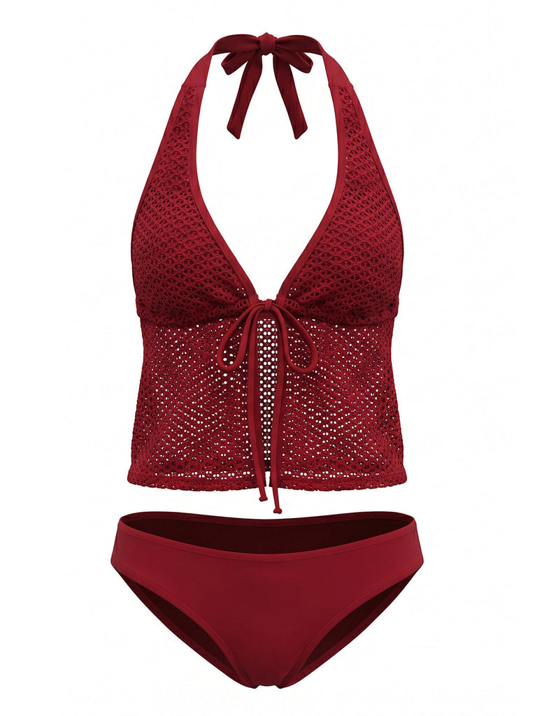 1960s Crochet Mesh Halter Tie-Front Tankini Swimsuit Set - vintage swimsuit, pin-up swimwear for vintage lovers