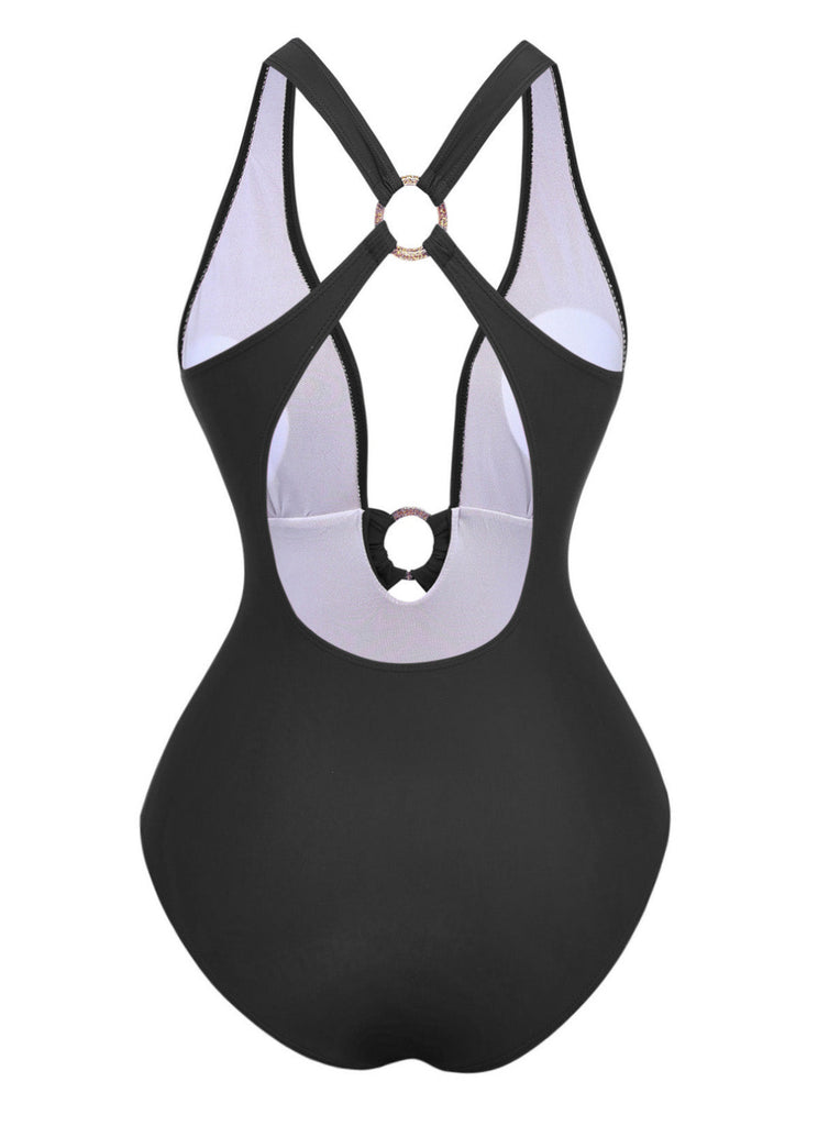 1960s Deep-V Ruched Metal Ring One-Piece Swimsuit - vintage swimwear, retro swimsuit, pin-up style for vintage lovers