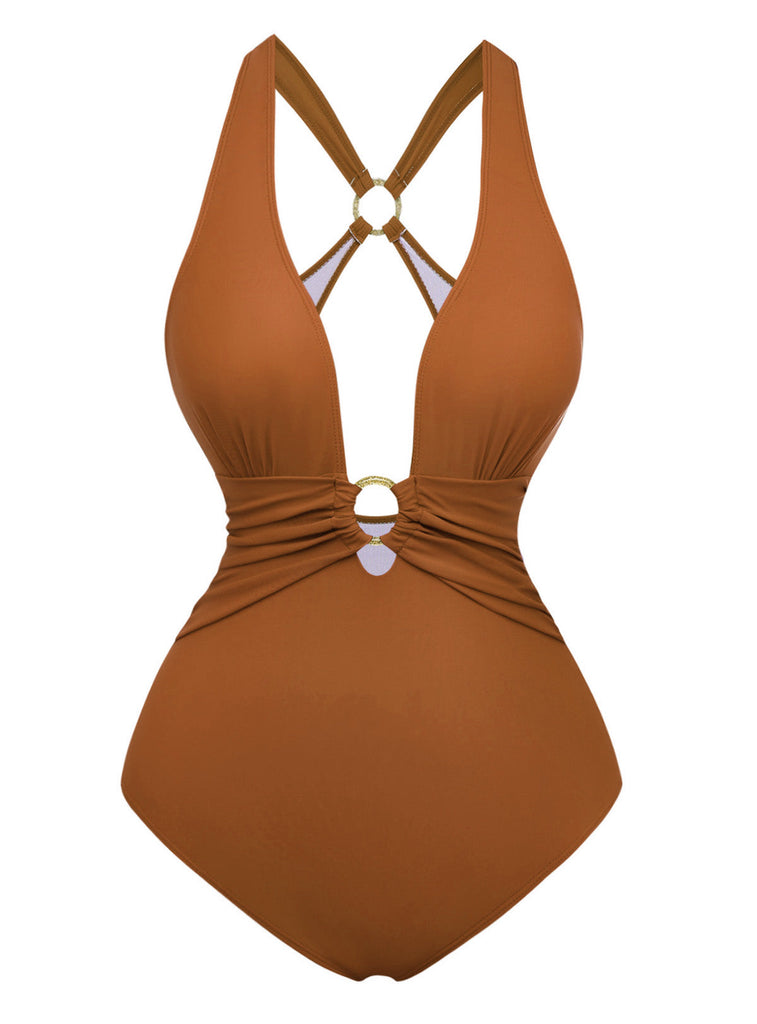 1960s Deep-V Ruched Metal Ring One-Piece Swimsuit: beautiful vintage swimwear, retro swimsuit, pin-up style with timeless appeal