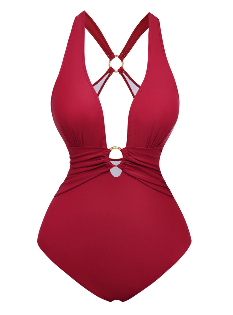 1960s Deep-V Ruched Metal Ring One-Piece Swimsuit: beautiful vintage swimwear, retro swimsuit, pin-up style with timeless appeal