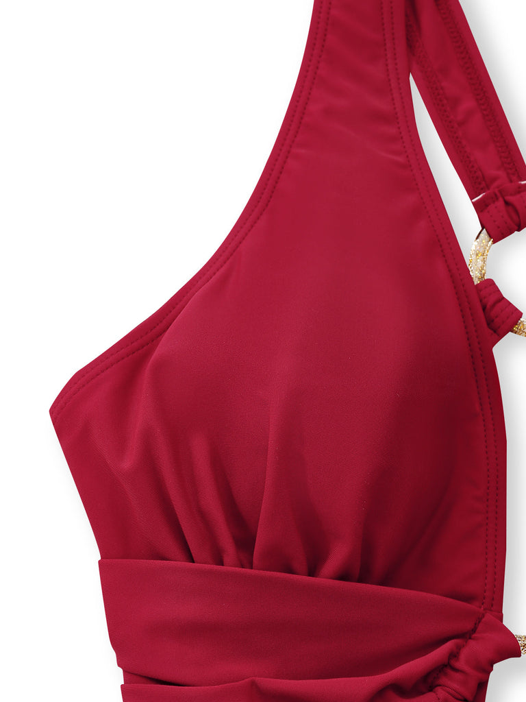 1960s Deep-V Ruched Metal Ring One-Piece Swimsuit - vintage swimwear, retro swimsuit, pin-up style for vintage lovers