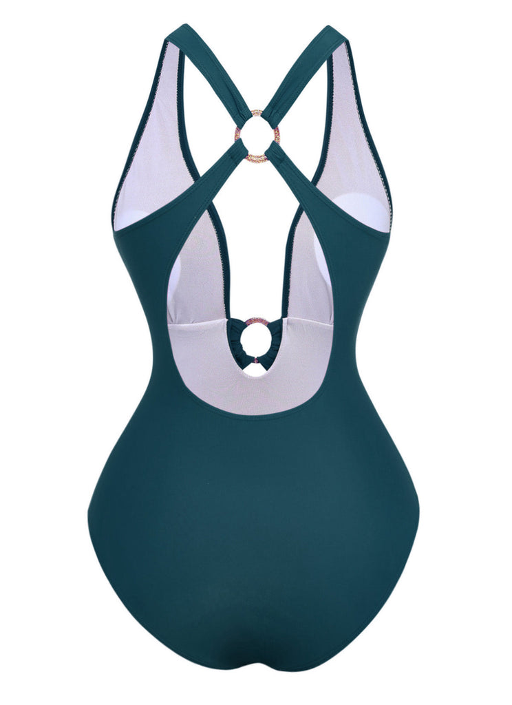 1960s Deep-V Ruched Metal Ring One-Piece Swimsuit | vintage swimwear, retro swimsuit, pin-up style - perfect for retro fashion enthusiasts
