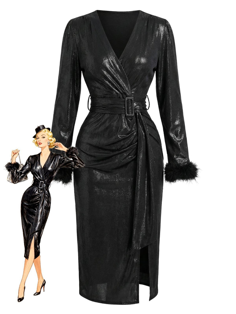 Black 1960s Faux Leather Belted Feather Sleeve Dress - vintage dress, retro fashion, classic black
