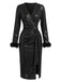 Black 1960s Faux Leather Belted Feather Sleeve Dress - vintage dress, retro fashion, classic black