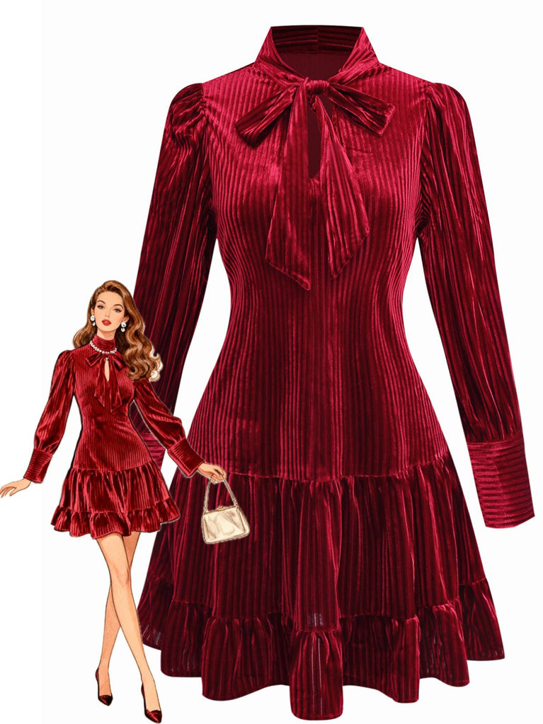 Burgundy 1960s Bow Collar Solid Velvet Ruffle Dress - vintage dress, retro fashion