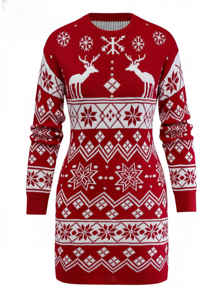 1960s Christmas Reindeer Snowflake Jacquard Knit Dress - vintage dress, retro fashion