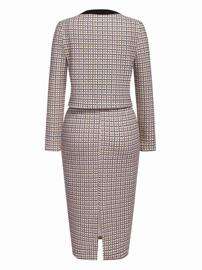 2PCS Beige 1960s Knitted Straps Pencil Dress & Short Coat - vintage dress, retro fashion