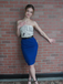 Dark Blue 1960s Bandeau Newspaper Belted Pencil Dress - vintage dress, retro fashion