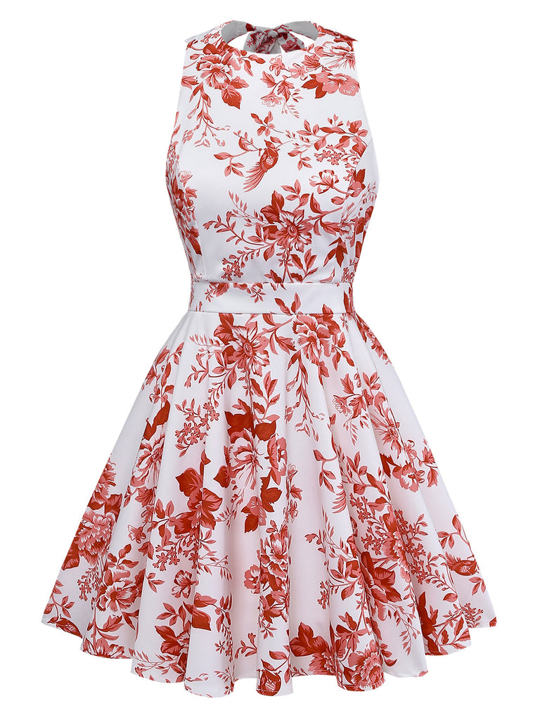 1960s Floral Print Halter Sleeveless Backless Swing Dress - vintage dress, retro fashion, rockabilly